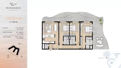 Plattegrond van 3 slaapkamers in Miraggio