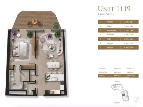 Plattegrond van 1 slaapkamer in Taj Wellington Mews