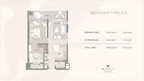 Plattegrond van 1 slaapkamer in JW Marriott Residences