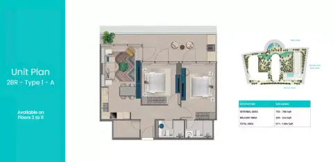 Plattegrond van 2 slaapkamers in Trio Isle C