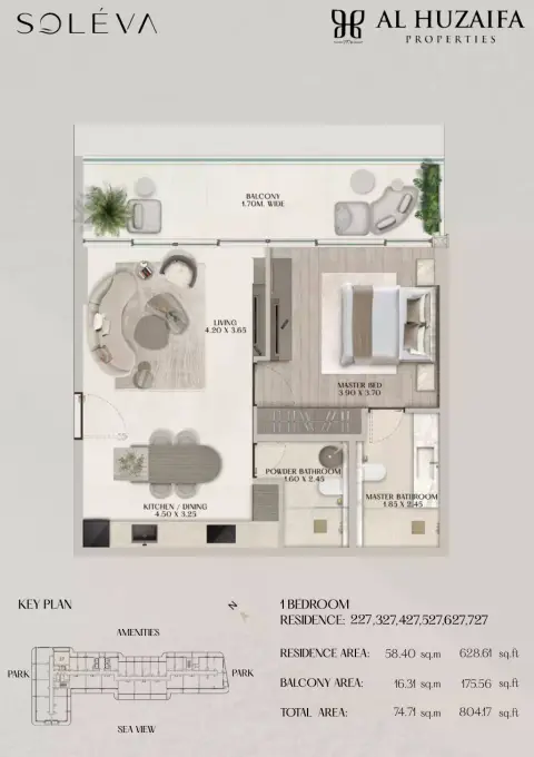 Plattegrond van 1 slaapkamer in Soléva Beach Residences