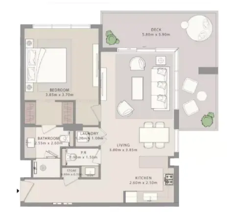 Plattegrond van 1 slaapkamer in Uno Luxe