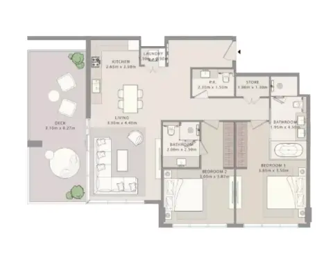Plattegrond van 2 slaapkamers in Uno Luxe
