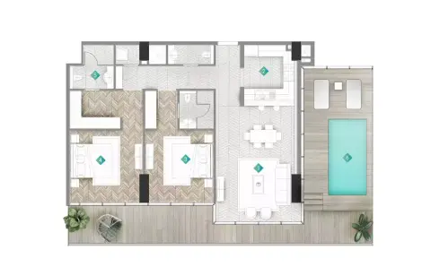 Plattegrond van 2 slaapkamers in Moonstone Residences Interiors by Missoni