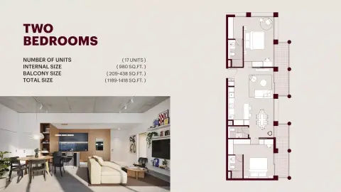 Plattegrond van 2 slaapkamers in Enta Mina Residences