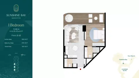 Plattegrond van 1 slaapkamer in Sunshine Bay