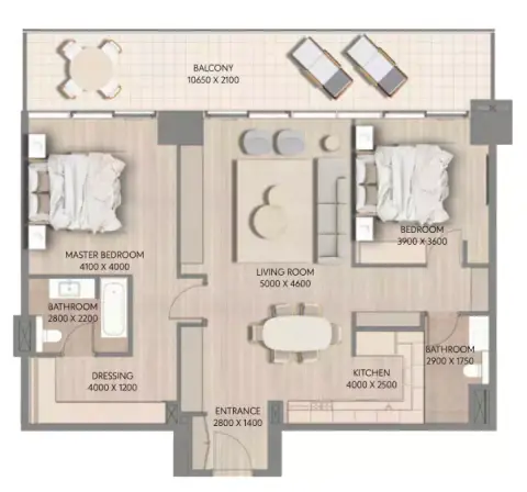 Plattegrond van 2 slaapkamers in Cape Hayat Phase 2 By Rak