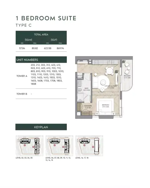 Plattegrond van 1 slaapkamer in Nura