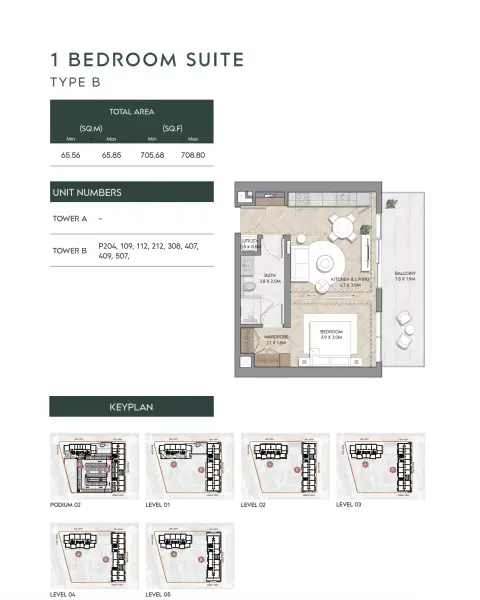 Plattegrond van 1 slaapkamer in Nura