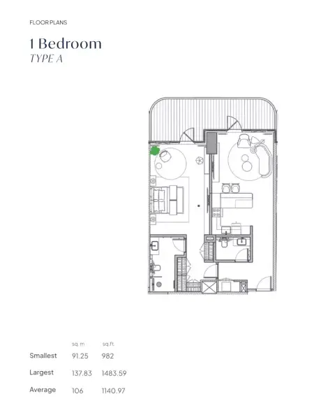 Plattegrond van 1 slaapkamer in Fortune Bay Residences