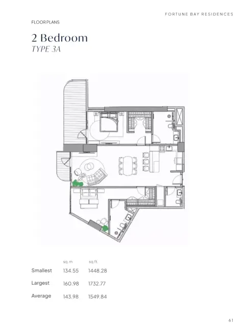 Plattegrond van 2 slaapkamers in Fortune Bay Residences