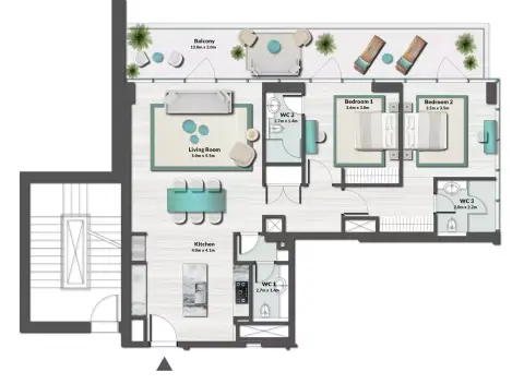 Plattegrond van 2 slaapkamers in Masa Residence