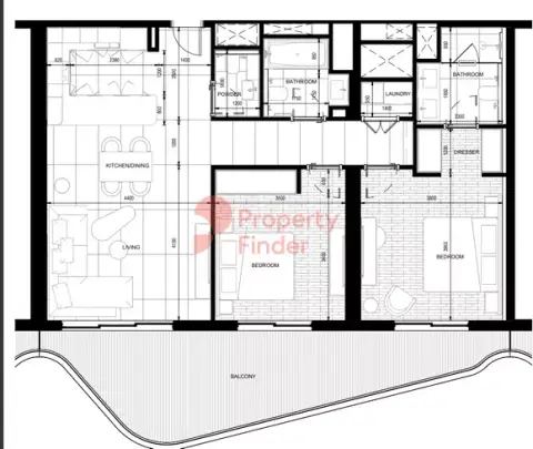 Plattegrond van 2 slaapkamers in Rosso Bay Residences