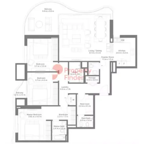 Plattegrond van 3 slaapkamers in Bay Residences