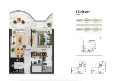 Plattegrond van 1 slaapkamer in Aqua Maya