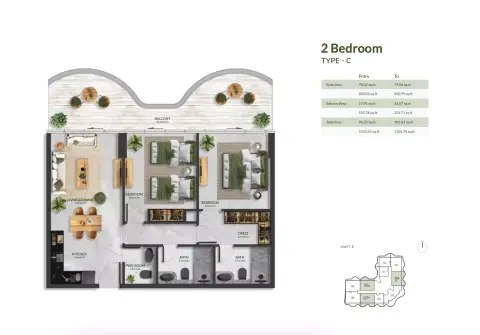 Plattegrond van 2 slaapkamers in Aqua Maya