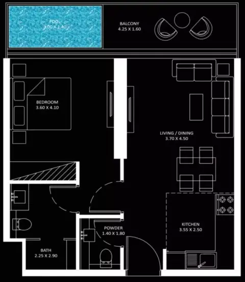 Plattegrond van 1 slaapkamer in Bayz 101