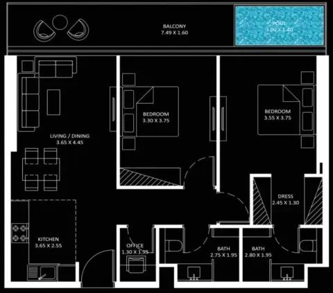 Plattegrond van 2 slaapkamers in Bayz 101