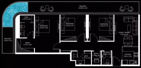 Plattegrond van 3 slaapkamers in Bayz 101