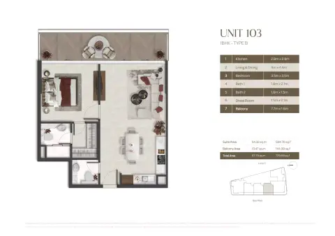 Plattegrond van 1 slaapkamer in Aquino