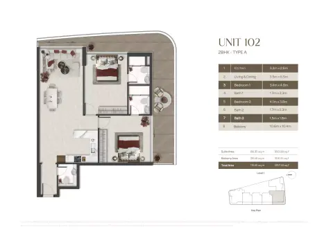 Plattegrond van 2 slaapkamers in Aquino