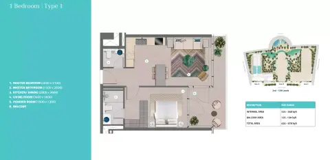 Plattegrond van 1 slaapkamer in Trio Isle