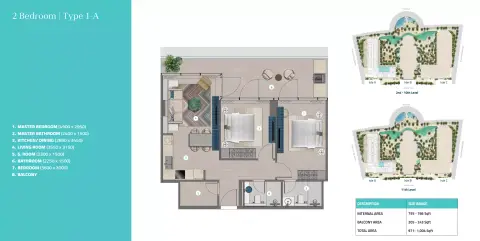 Plattegrond van 2 slaapkamers in Trio Isle
