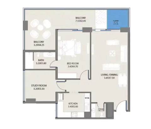 Plattegrond van 1 slaapkamer in Park Beach Residence phase 2 By park Group