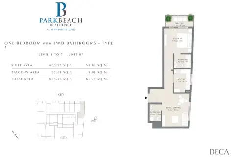 Plattegrond van 1 slaapkamer in Park Beach Residence