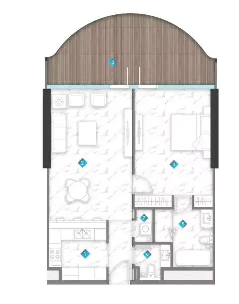 Plattegrond van 1 slaapkamer in Aqua Arc