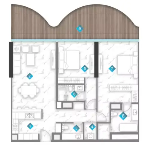 Plattegrond van 2 slaapkamers in Aqua Arc