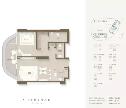 Plattegrond van 1 slaapkamer in Ellington Views 1