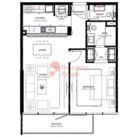 Plattegrond van 1 slaapkamer in Gateway Residences Phase 2 By Rak