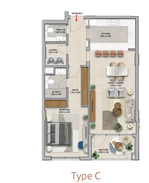 Plattegrond van 1 slaapkamer in Azha Al Aamra Residences