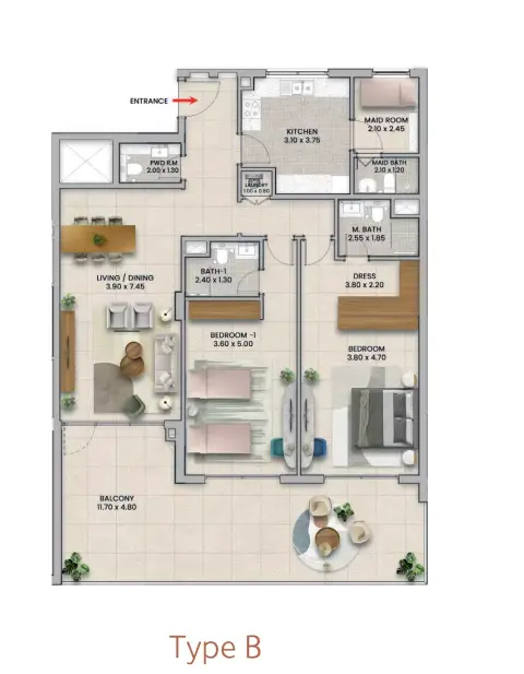 Plattegrond van 2 slaapkamers in Azha Al Aamra Residences