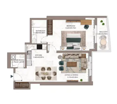 Plattegrond van 1 slaapkamer in Ajman Pearl Tower