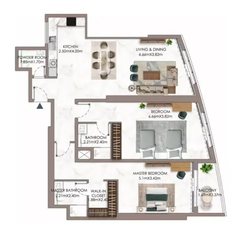 Plattegrond van 2 slaapkamers in Ajman Pearl Tower