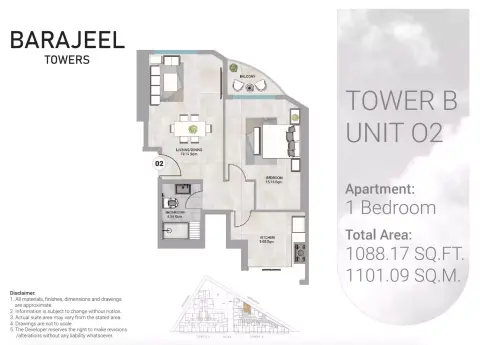 Plattegrond van 1 slaapkamer in Barajeel Towers