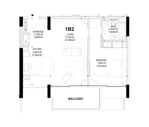 Plattegrond van 1 slaapkamer in Sealine Residence