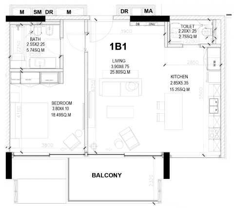 Plattegrond van 1 slaapkamer in Sealine Residence