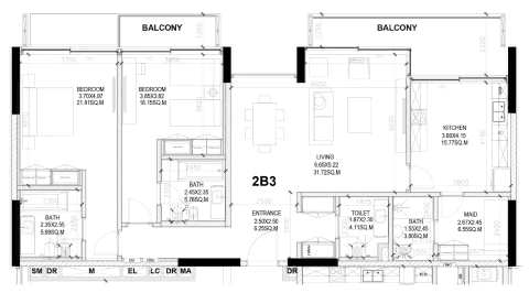 Plattegrond van 2 slaapkamers in Sealine Residence
