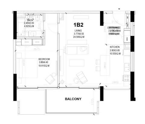 Plattegrond van 1 slaapkamer in Sealine Residence