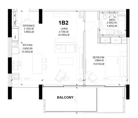 Plattegrond van 1 slaapkamer in Sealine Residence