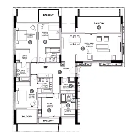 Plattegrond van 3 slaapkamers in Sealine Residence