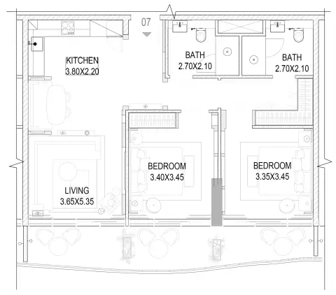 Plattegrond van 2 slaapkamers in The Pier Residences
