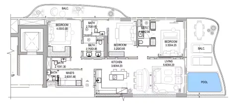 Plattegrond van 3 slaapkamers in The Pier Residences