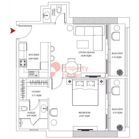 Plattegrond van 1 slaapkamer in Ajman Creek Towers