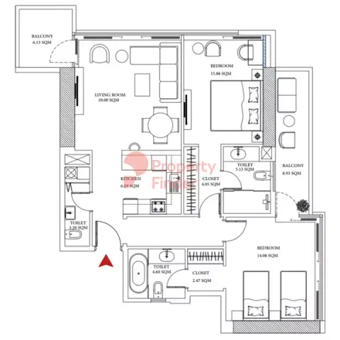 Plattegrond van 2 slaapkamers in Ajman Creek Towers