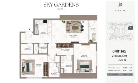 Plattegrond van 2 slaapkamers in Sky Gardens Tower