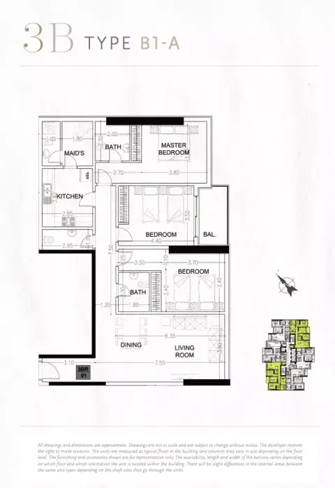 Plattegrond van 3 slaapkamers in Ajman One Phase 2 By Aqaar